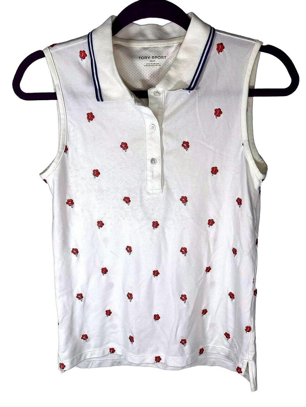 Tory Sport Sleeveless Golf Polo S White Red Floral Embroidered Preppy Golfcore